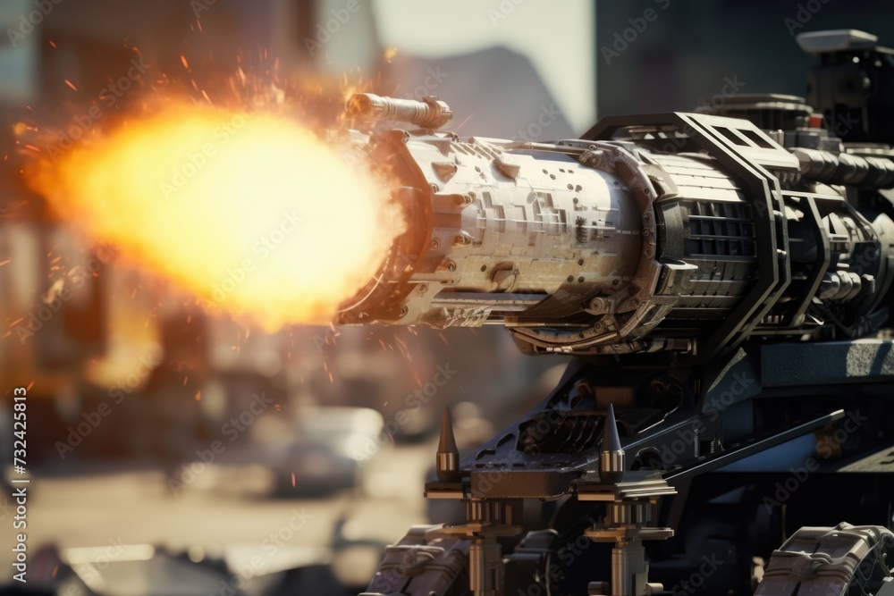 Aufkleber a powerful machine gun with a flame shooting out of its barrel. this image can be used to depict int