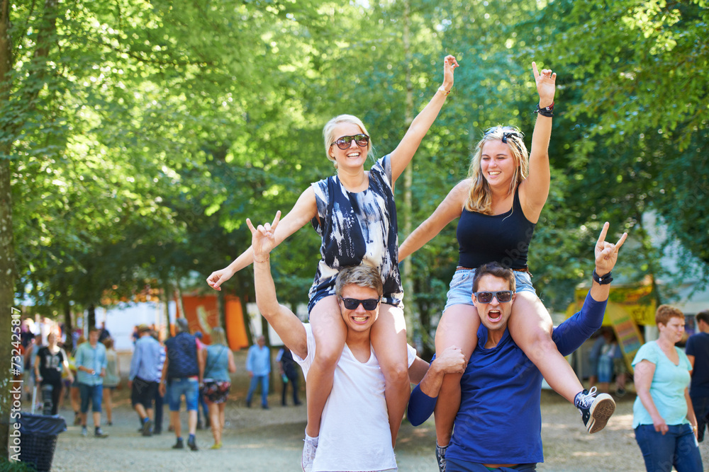 Sticker People, happy and crazy celebration in forest for cheerful, bonding or fun outdoors together in nature. Group of friends, smile and excited in summer for festival, camping or social event in park