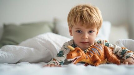 Naklejka premium A young child with blonde hair lying on a bed with white sheets holding a toy dinosaur with blue stripes.