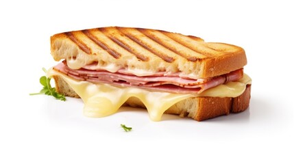 A delicious ham and cheese sandwich served on a white plate. Perfect for lunch or a quick snack
