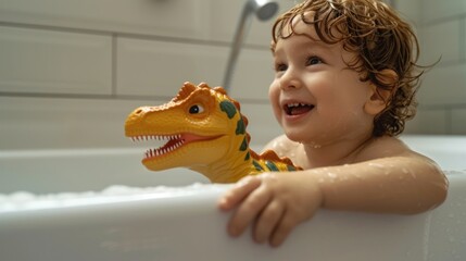 A joyful child with curly hair smiling and soaking wet playfully interacting with a toy dinosaur in...