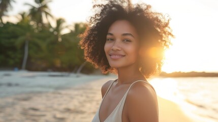Smiling woman with curly hair wearing a white tank top standing on a sandy beach with the sun setting behind her.