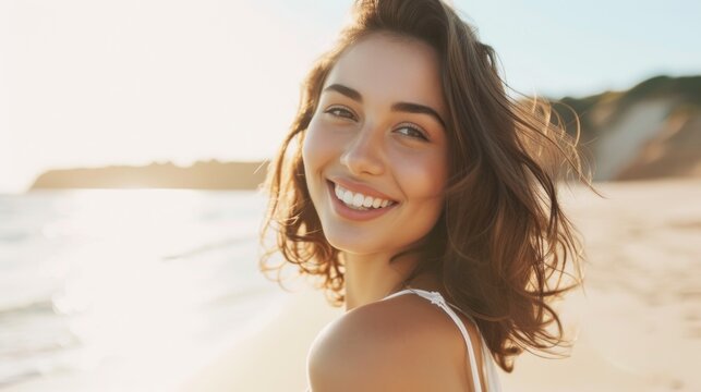 Smiling woman with long brown hair wearing a white top standing on a beach with the ocean in the background during sunset.