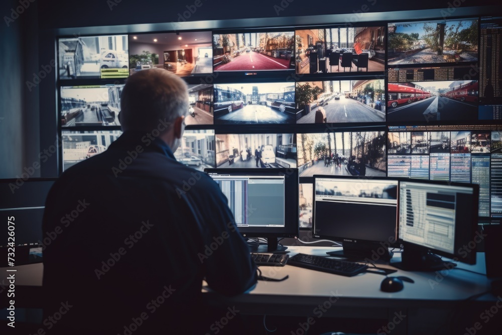 Aufkleber A man sitting at a desk in front of multiple monitors. Ideal for illustrating a modern office setup