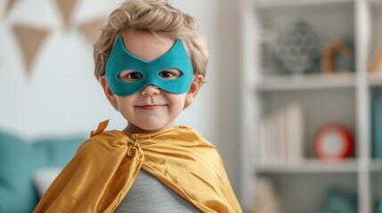 Young child with a blue mask and a yellow cape standing in a playful pose with a smile.