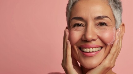 Smiling woman with short gray hair applying cream to her face against a pink background.