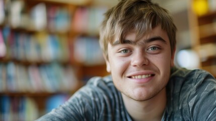 Young man with short hair green eyes and a slight smile sitting in front of a blurred bookshelf filled with books.