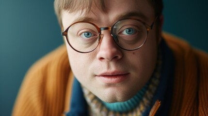 Fototapeta na wymiar Man with blue eyes and glasses wearing a brown sweater and a blue turtleneck against a blue background.