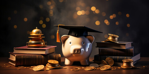 Piggy bank with graduation hat and books on table. College fees saving concept,   - obrazy, fototapety, plakaty
