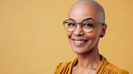Smiling woman with short hair wearing glasses and a yellow top against a yellow background.