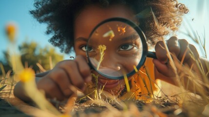 A young child with curly hair, wearing a yellow top, peering through a magnifying glass at a flower, surrounded by a field of wildflowers and grass, with a blurred background of trees and sky.