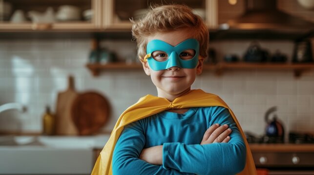 Young boy in superhero costume wearing blue mask and yellow cape posing confidently in kitchen.
