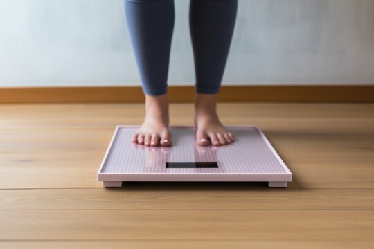 A person standing on a scale on a wooden floor. Can be used for health, fitness, weight management, or body image concepts