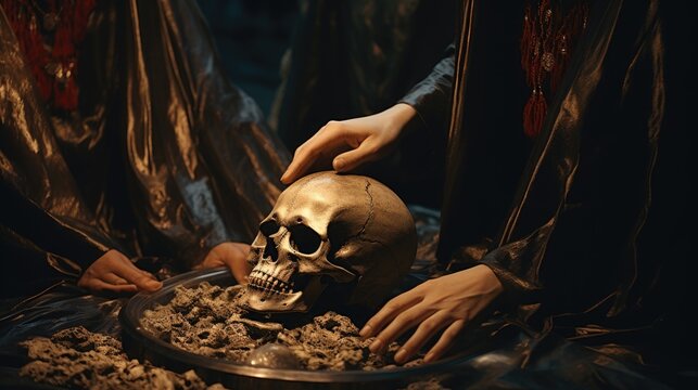 A human skull resting in a bowl filled with dirt. This image can be used to depict concepts such as death, archaeology, forensics, or Halloween decorations