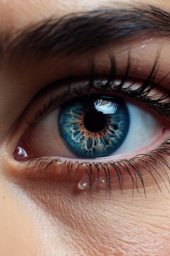 A detailed close-up view of a person's blue eye. This image can be used in various contexts, such as medical articles, beauty and cosmetics blogs, or for illustrating emotions and expressions