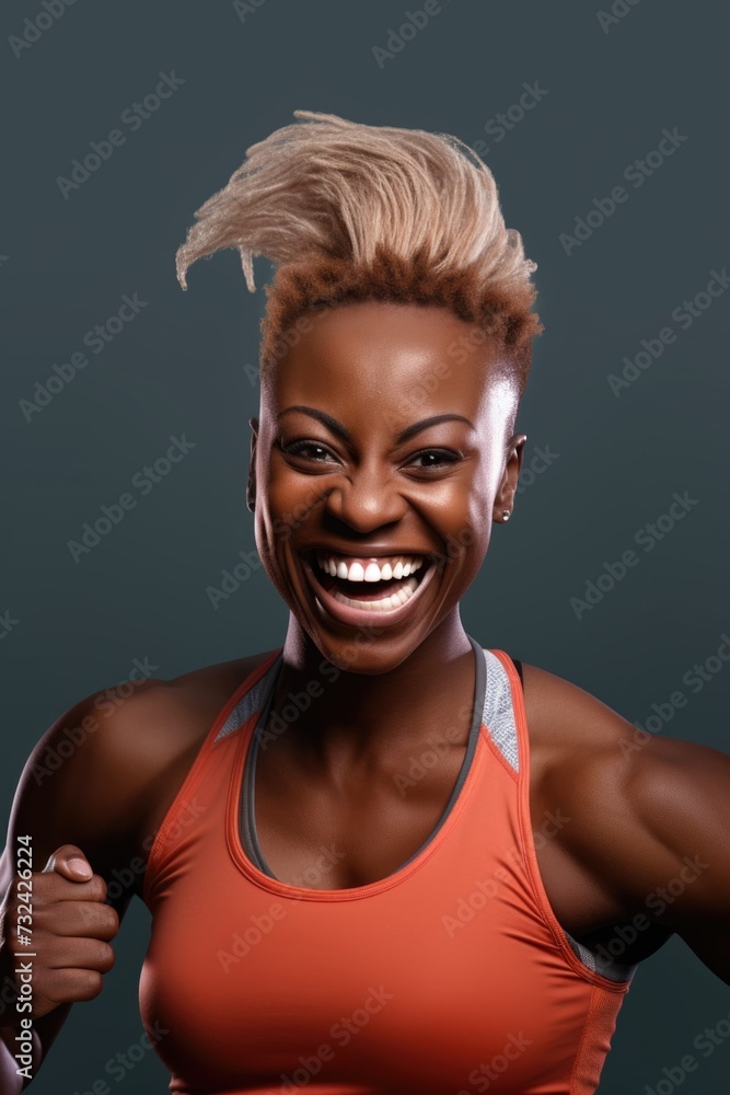 Poster a woman wearing an orange tank top smiles with joy. this image can be used to depict happiness and p