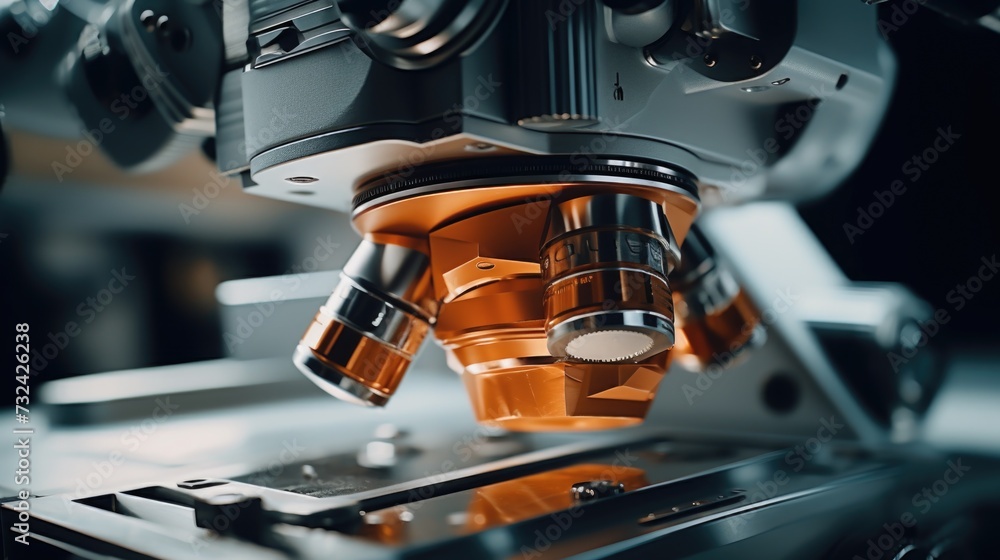 Poster a detailed view of a microscope placed on a table. suitable for scientific research or educational p