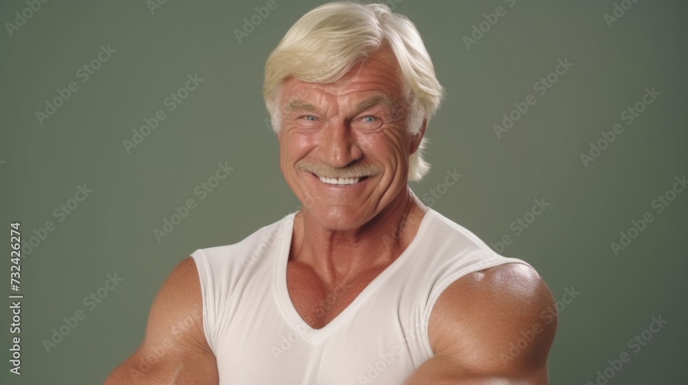 Poster a man is captured in a white tank top as he poses for a picture. this image can be used for various 