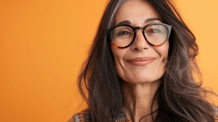 Woman with long dark hair wearing glasses smiling at camera against orange background.