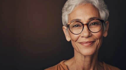 A smiling woman with short gray hair and glasses wearing a warm-toned top against a dark background.