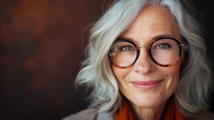 Woman with gray hair wearing glasses smiling against a blurred background.