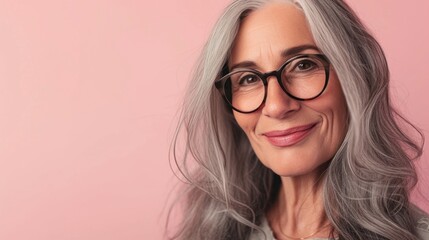 Fototapeta na wymiar A woman with gray hair wearing glasses smiling at the camera against a pink background.
