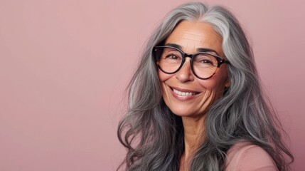Smiling woman with gray hair and glasses wearing a pink top against a pink background.