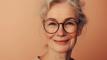 Woman with gray hair wearing glasses smiling against a warm orange background.
