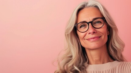 Smiling woman with gray hair and glasses wearing a beige sweater against a pink background.