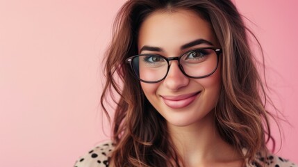 Obraz premium A young woman with a radiant smile wearing glasses and styled with soft wavy hair against a pink backdrop.