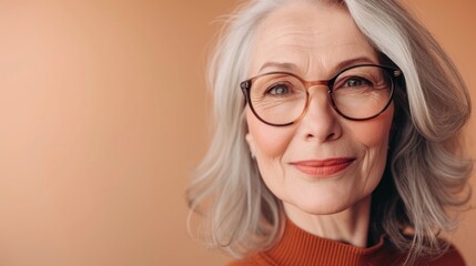 Woman with gray hair and glasses smiling wearing a red turtleneck against a soft orange background.