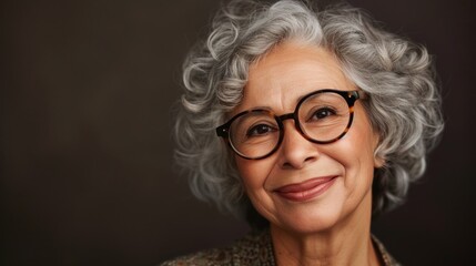 A smiling elderly woman with curly gray hair and glasses wearing a patterned top.