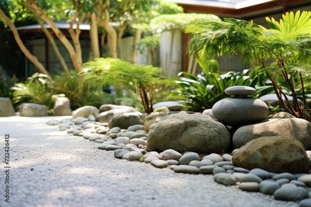 Poster A serene garden with rocks and palm trees in the background. Perfect for adding a touch of nature to any project