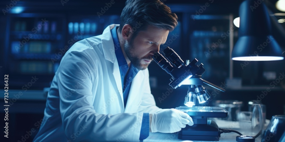 Poster a man in a lab coat examining a specimen through a microscope. ideal for scientific research or educ