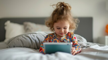Obraz na płótnie Canvas Young girl with curly hair wearing colorful pajamas sitting on bed looking at tablet with bright screen.