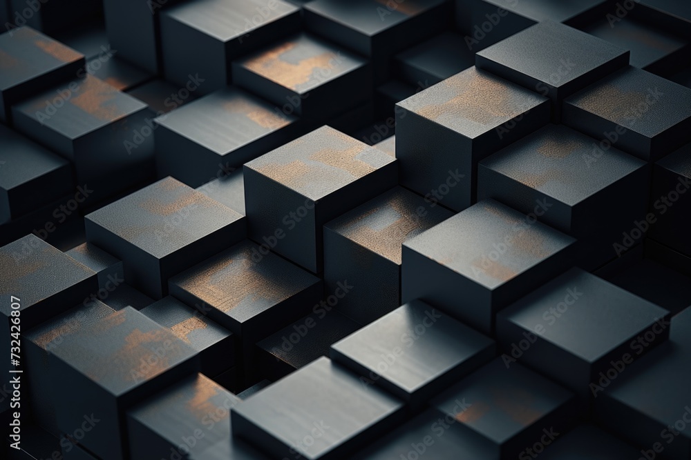 Poster a detailed close-up view of a bunch of metal cubes. this image can be used to depict concepts such a