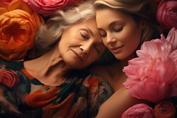 A woman laying next to an older woman in a bed of flowers. Can be used to depict a peaceful and serene moment between generations