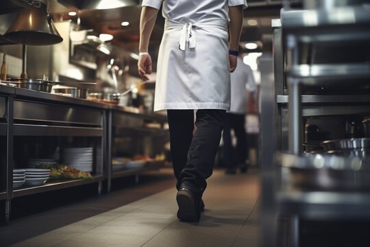 A man wearing a white apron is walking down a kitchen. This image can be used to depict cooking, food preparation, or a professional chef in a culinary setting