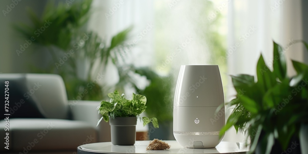 Poster a picture of a table with a plant and a humidifier. this image can be used to showcase indoor plants