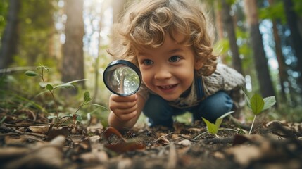 Young child with curly hair, holding a magnifying glass, kneeling on the ground in a forest, looking at insects with a smile on their face. - 732427003