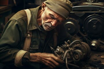 Fototapeta na wymiar Hardworking Elderly man mechanic repairing equipment. Senior male working in automotive garage service. Generate ai