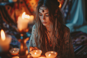 Serene woman lighting candles during spiritual event