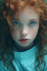 A portrait of a young girl with striking red hair and mesmerizing blue eyes. This image can be used for various purposes such as beauty, fashion, or lifestyle
