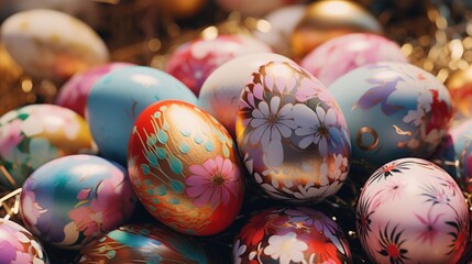 Fototapeta na wymiar Colorful painted eggs arranged in a pile on top of a table. Can be used for Easter decorations or spring-themed designs