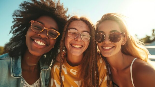 Three smiling young women with glasses and braids, enjoying a sunny day together.