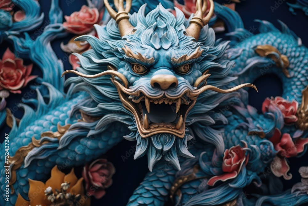 Poster a statue of a dragon displayed on a wall. can be used as a decorative element or to represent mythic