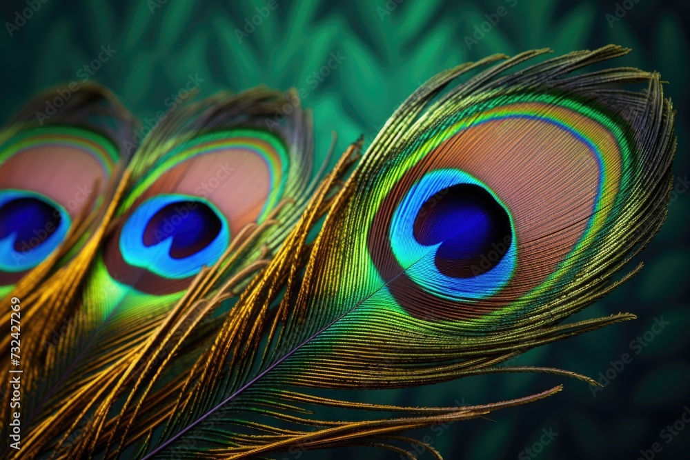Poster Three peacock feathers captured in a close-up shot against a vibrant green background. Ideal for adding a touch of elegance and nature to any design project