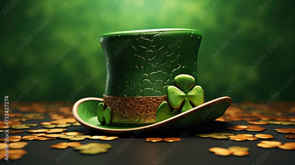 Poster a green top hat placed on a stack of coins. perfect for financial and business concepts
