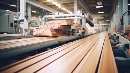 Obraz premium A conveyor belt in a factory filled with lots of wood. Ideal for industrial and manufacturing concepts