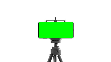 smartphone with green screen on tripod isolated realistic 3d render for app mockup